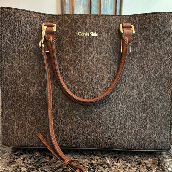 Calvin Klein Brown monogram logo Structured Tote with Gold Accents - Picture 3 of 16
